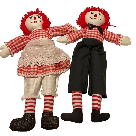 Vintage Handmade Raggedy Ann and Andy, 20” 
Cottagecore, Christmas, Country - Picture 1 of 10